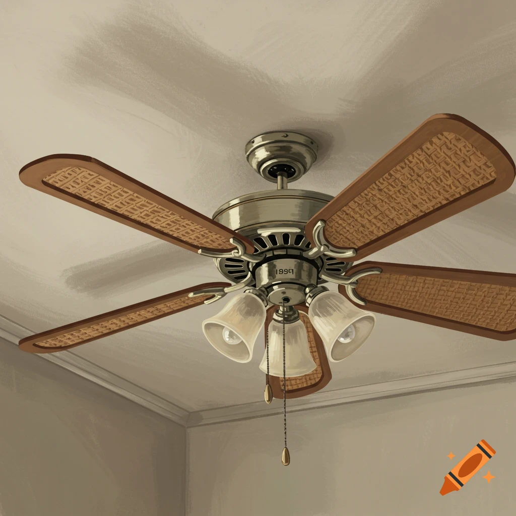 A ceiling fan with wood and wicker blades and a three-light kit is mounted on a ceiling.
