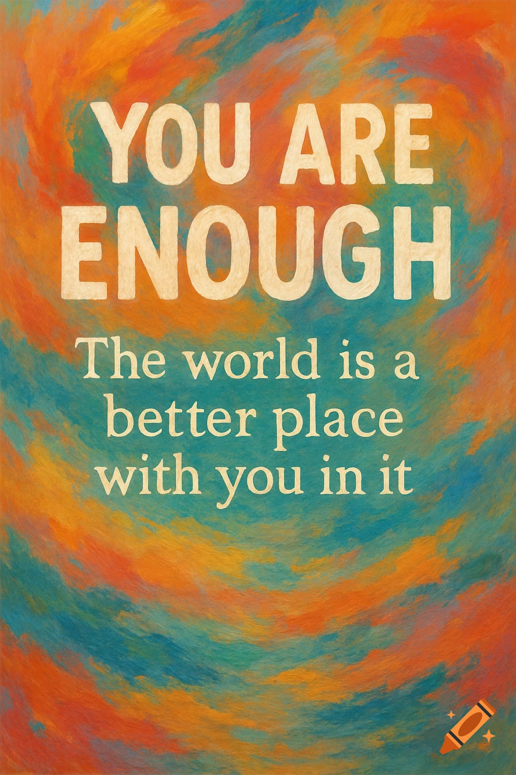 Motivational text "YOU ARE ENOUGH. The world is a better place with you in it" on an abstract orange, blue, and teal background.