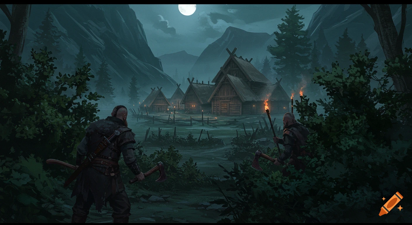 Two figures look at a Norse village at night under a full moon, digital painting.