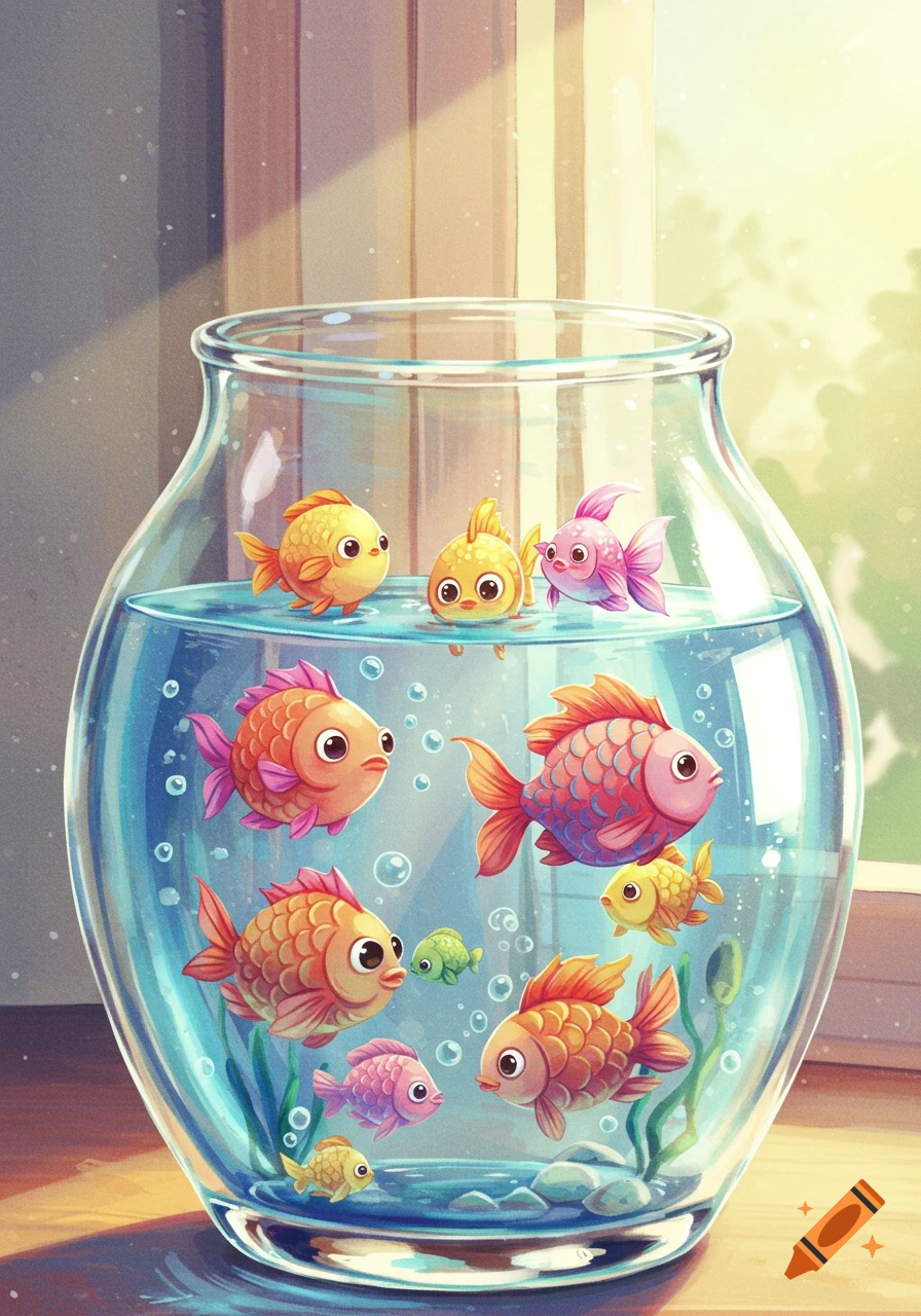 Cute cartoon fish swim in a sunlit glass fishbowl.