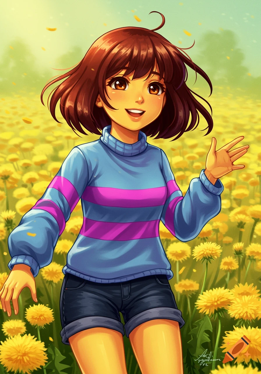 A digital painting in anime style of a character resembling Frisk from Undertale, standing in a field of yellow flowers, smiling and waving.
