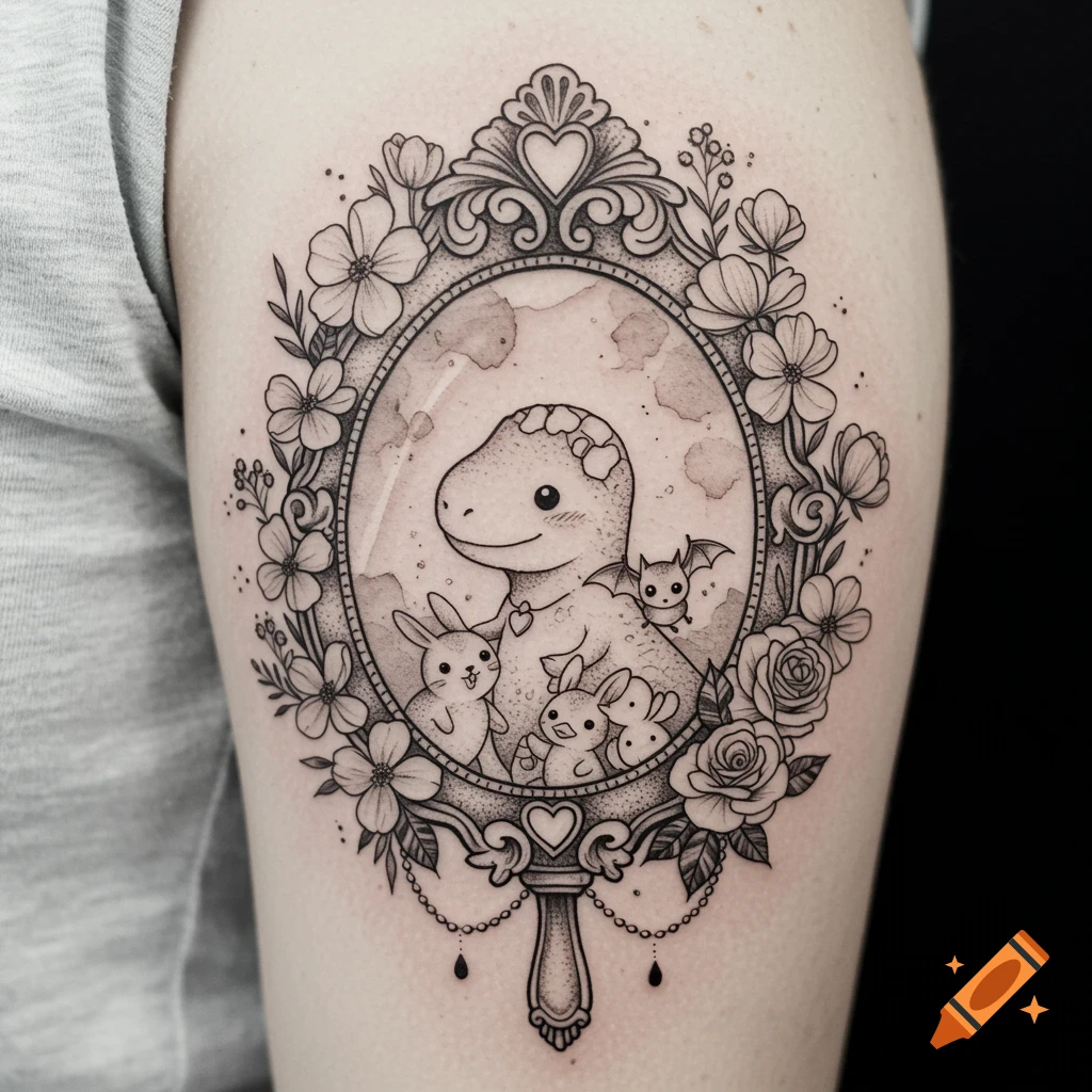 Black and grey tattoo of a cute dinosaur and animals in a floral frame on an arm.