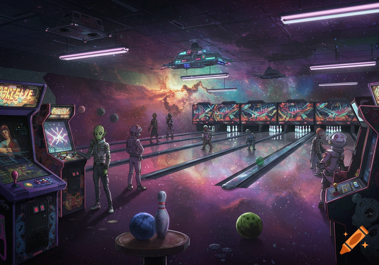 Aliens and astronauts bowl and play arcade games in a cosmic bowling alley with starry walls.