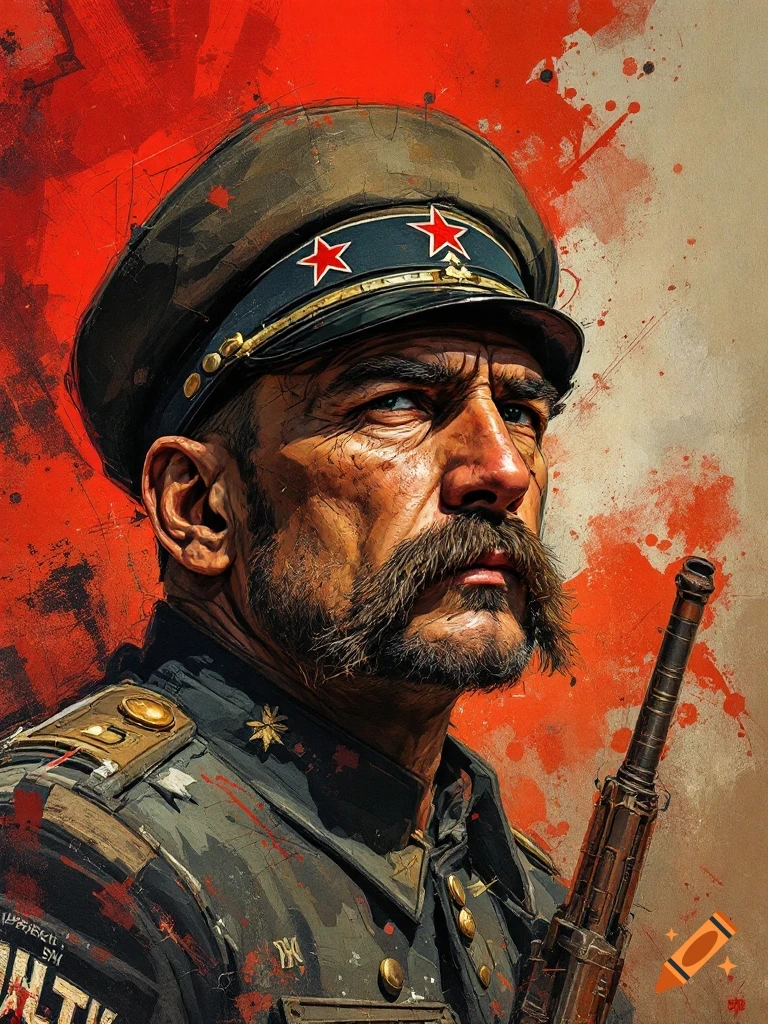Gritty propaganda-style painting of a soldier with a mustache and rifle.