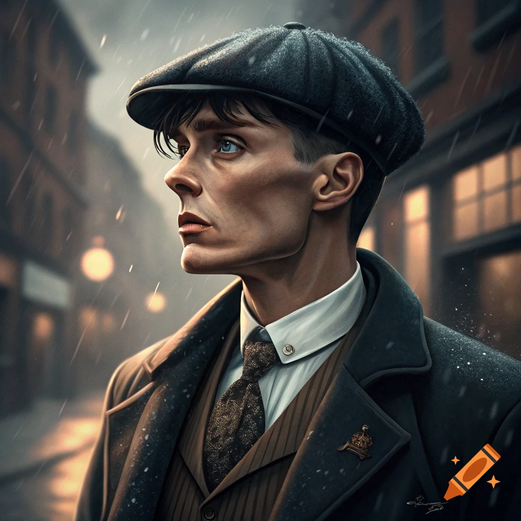 Portrait of a man in a flat cap and suit standing in the rain.