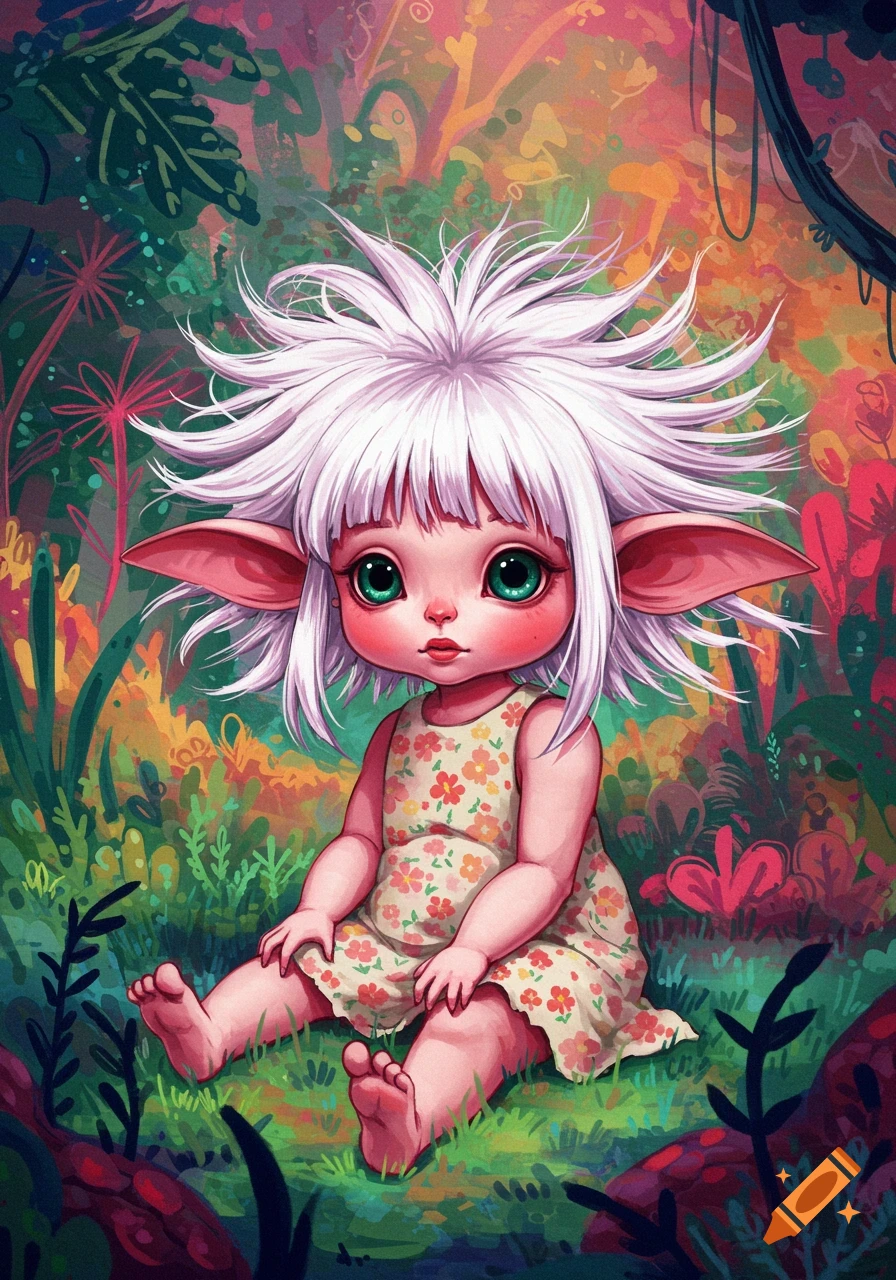 A fantasy creature with white hair and big ears sits in a colorful ...