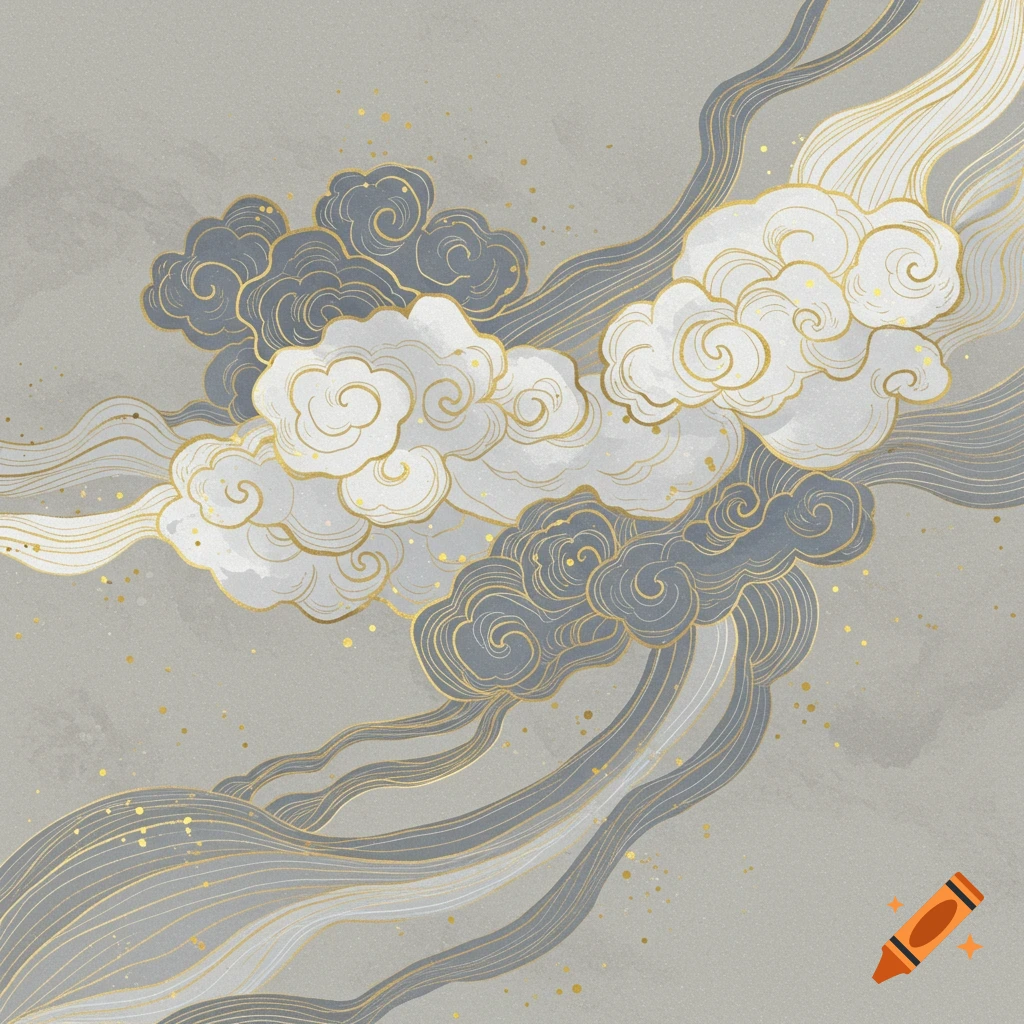Stylized clouds and swirling lines in gray and gold on a gray background, Chinese style.