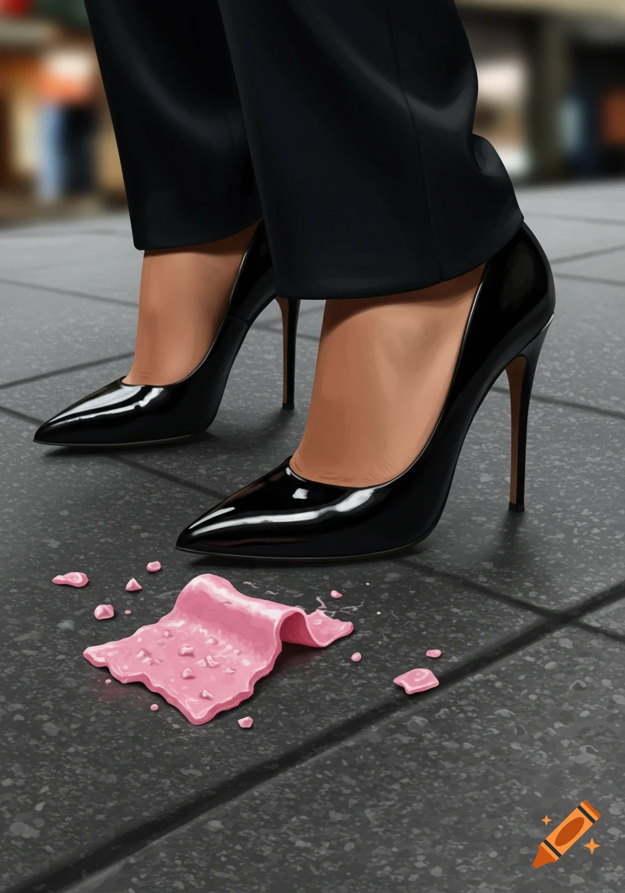 Feet in black high heels near discarded pink chewing gum on the ground.