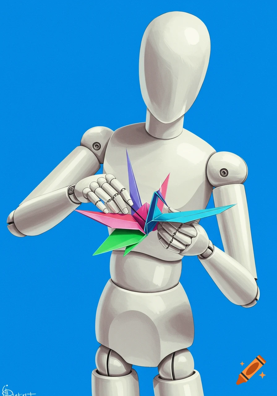 White mannequin holding a colorful origami crane against a blue background, illustration.