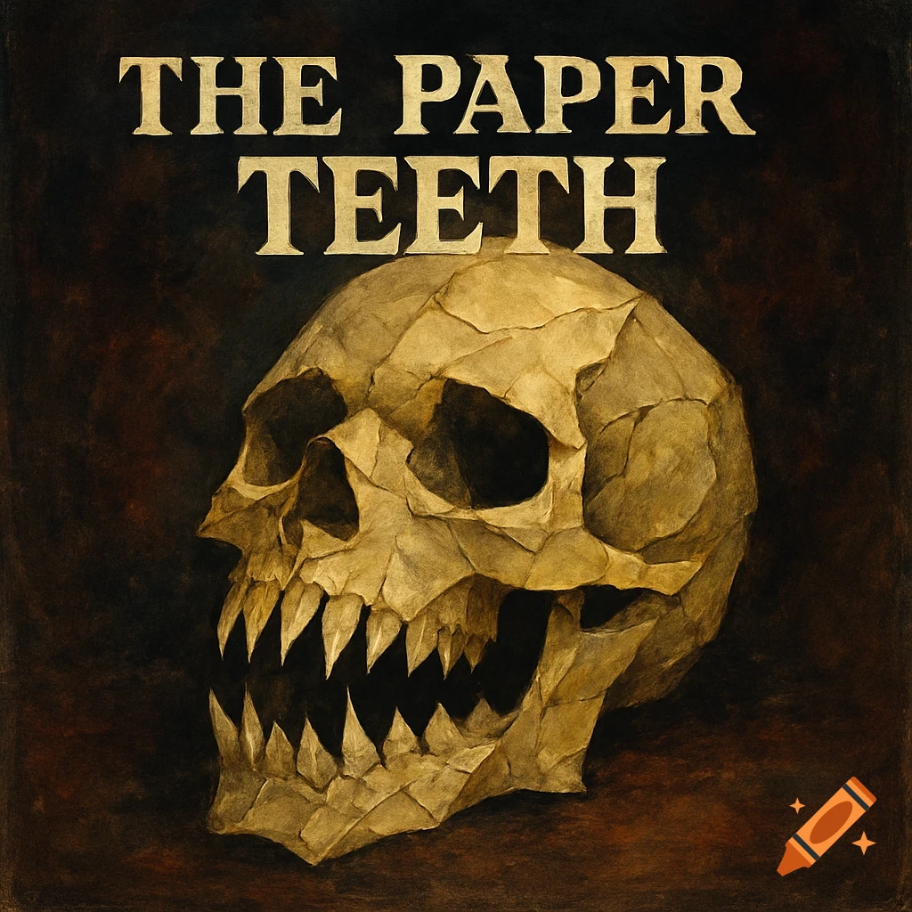 A stylized gothic skull with sharp teeth and the text "THE PAPER TEETH" above it, in a dark, textured style.