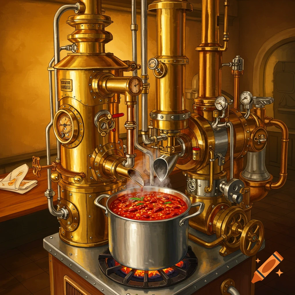 Steampunk machine cooking a pot of chili.