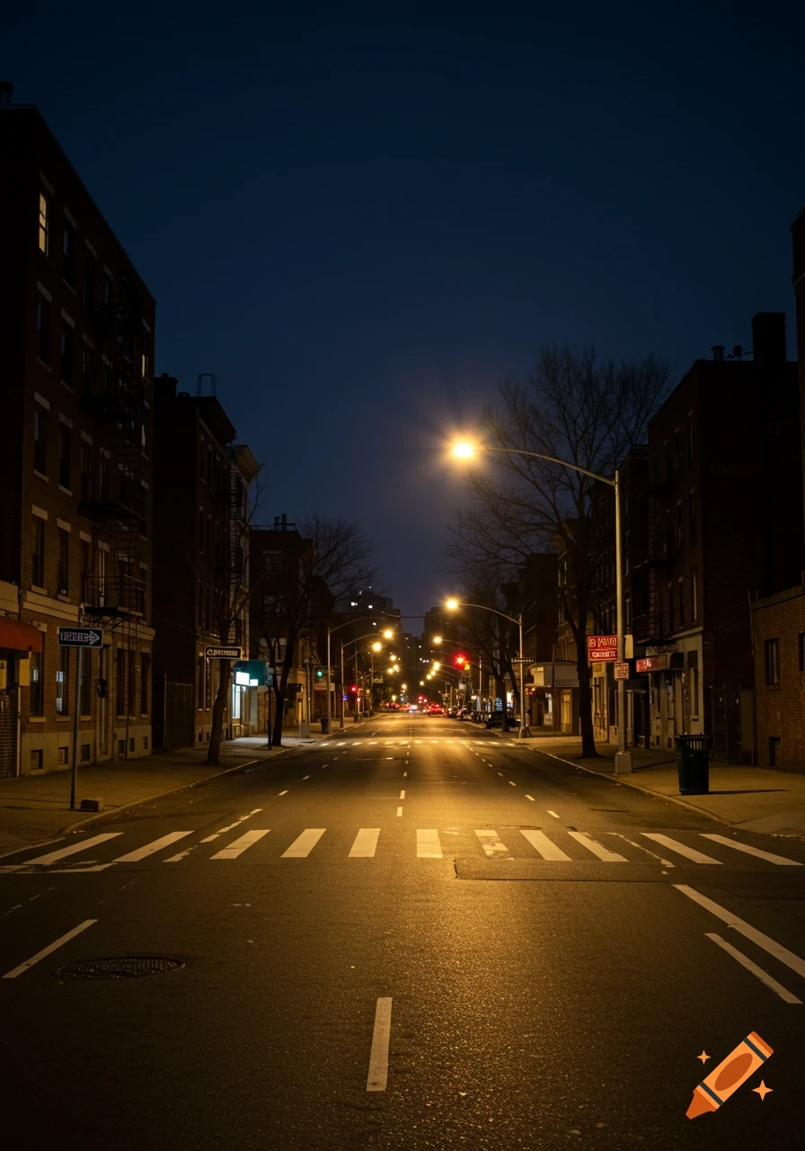 A street scene at night with buildings, street lights, and a crosswalk.