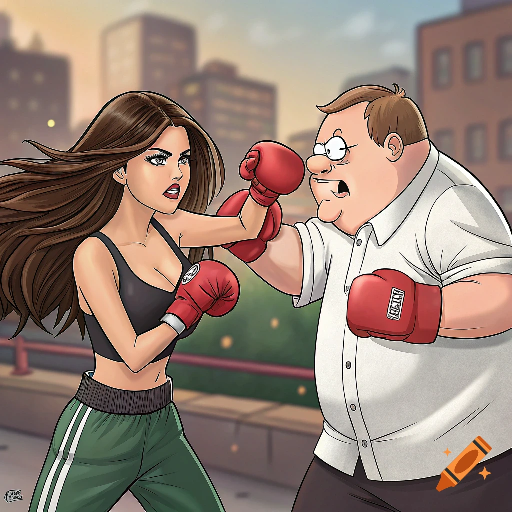 Cartoon of a woman resembling Selena Gomez boxing Peter Griffin in a city setting.