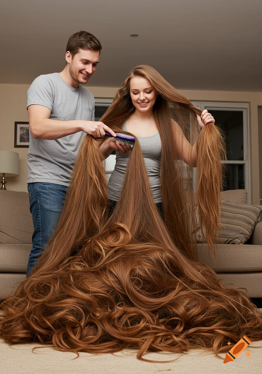 A man brushes a woman's extremely long hair as it piles up on the floor, photorealistic.