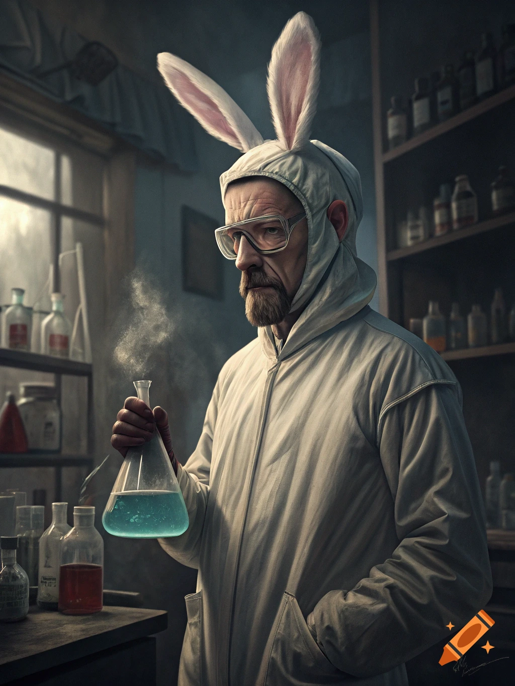 Man resembling Walter White in a bunny suit holds a flask of blue liquid in a laboratory.