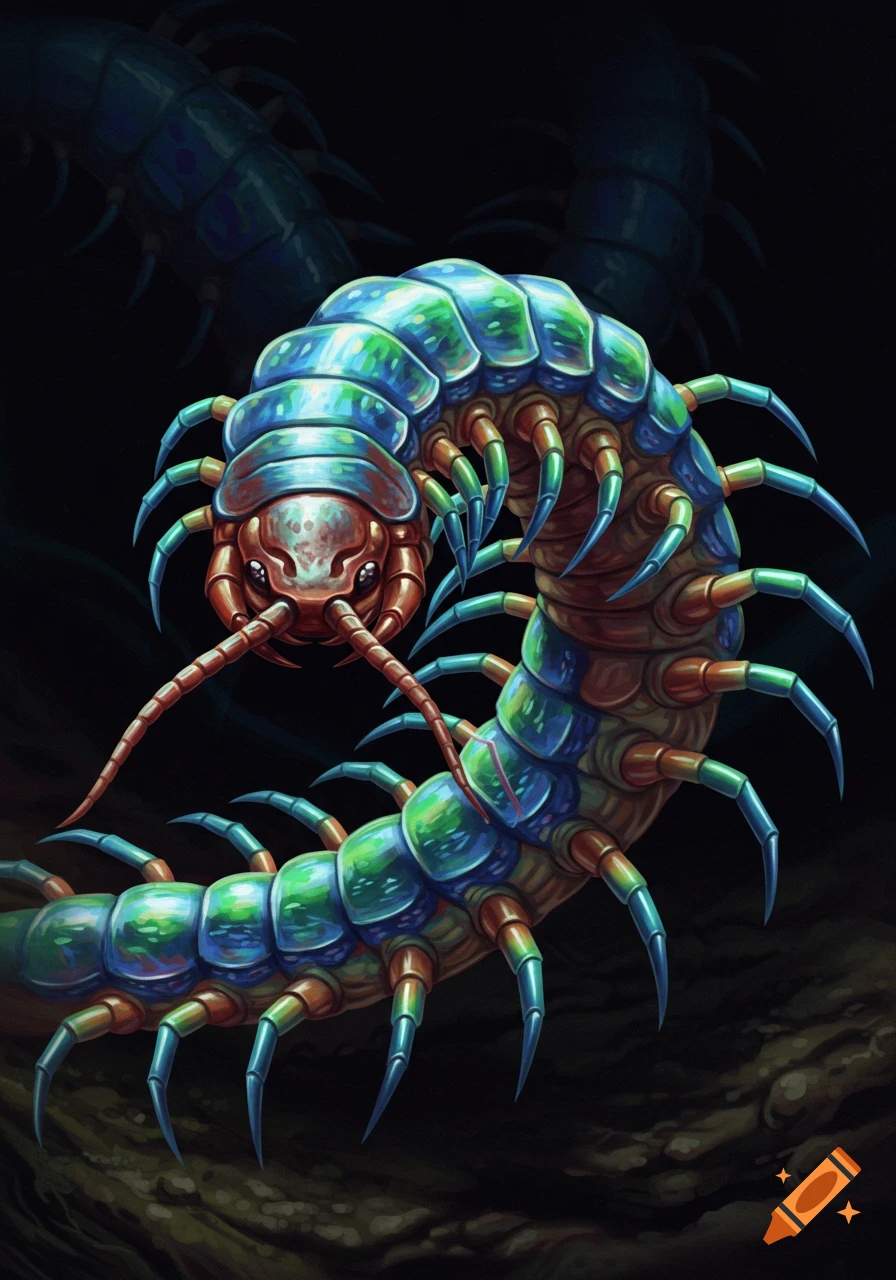 A colorful, stylized illustration of a large centipede on a dark background.