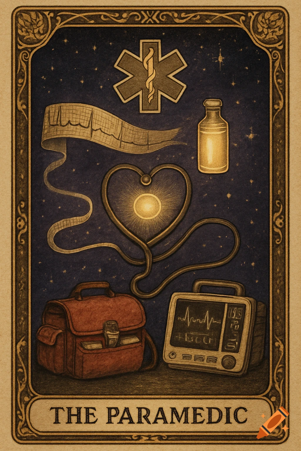 A vintage-style tarot card with medical symbols and text 'THE PARAMEDIC'.