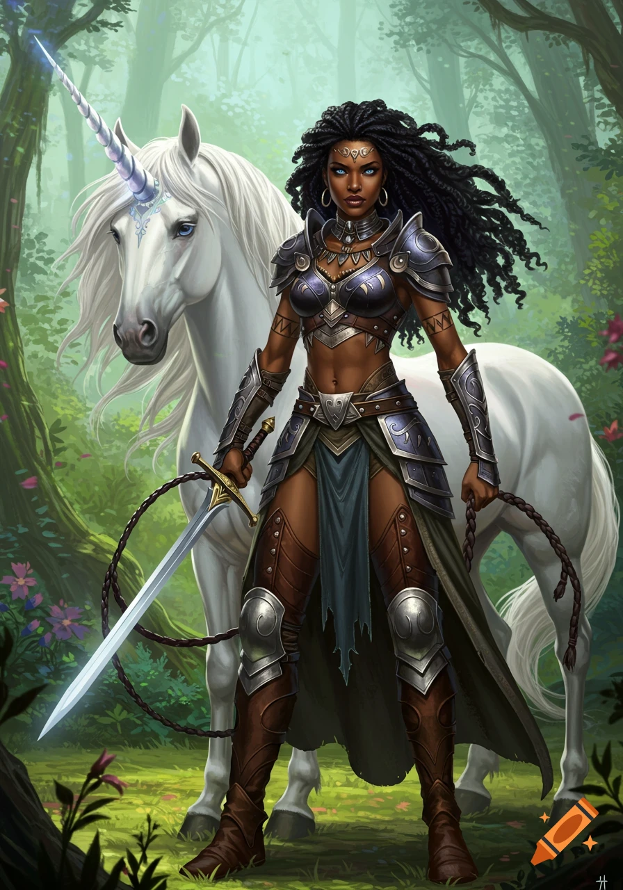 Fantasy illustration of a Black warrior woman in armor holding a sword and whip, standing next to a white unicorn in a forest.