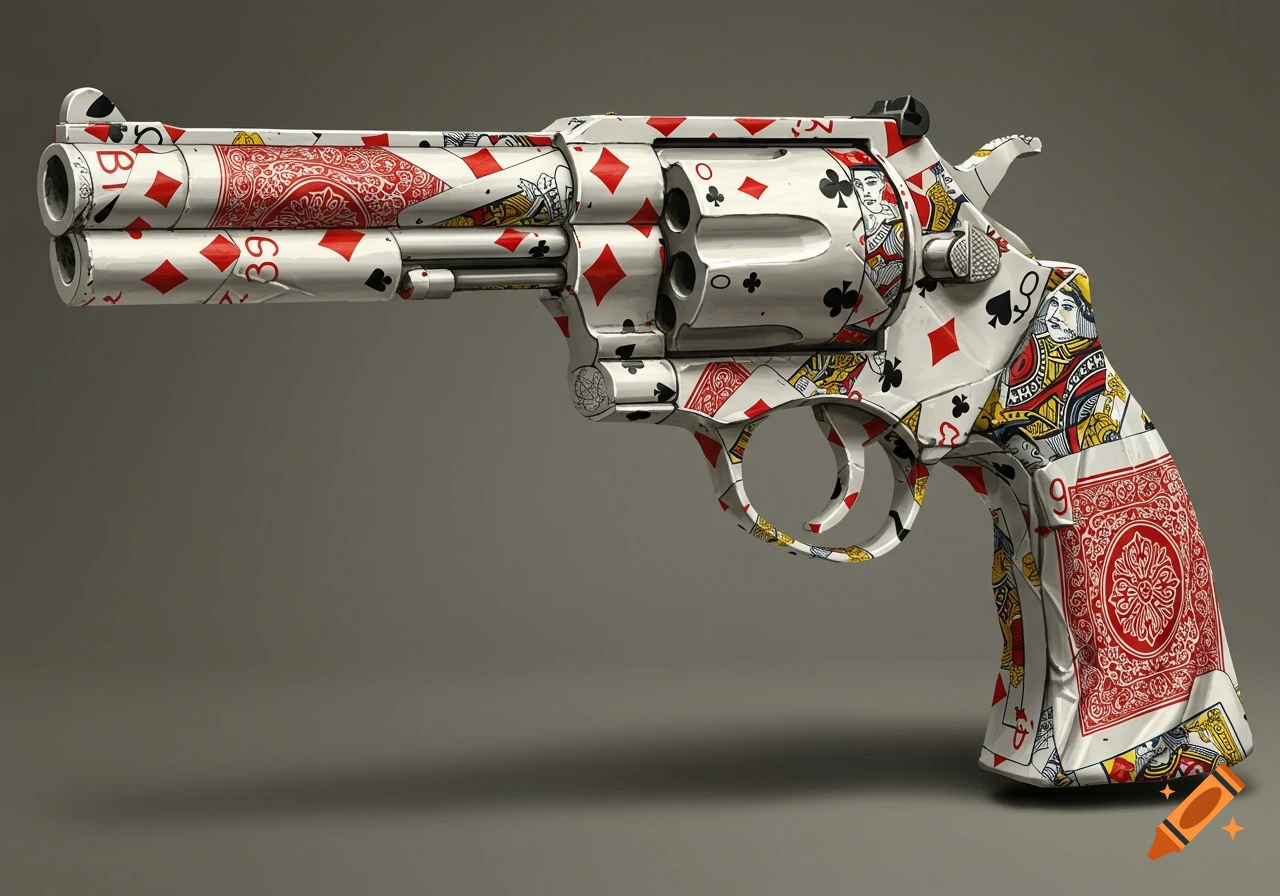 A detailed, realistic rendering of a revolver gun covered in playing card designs.