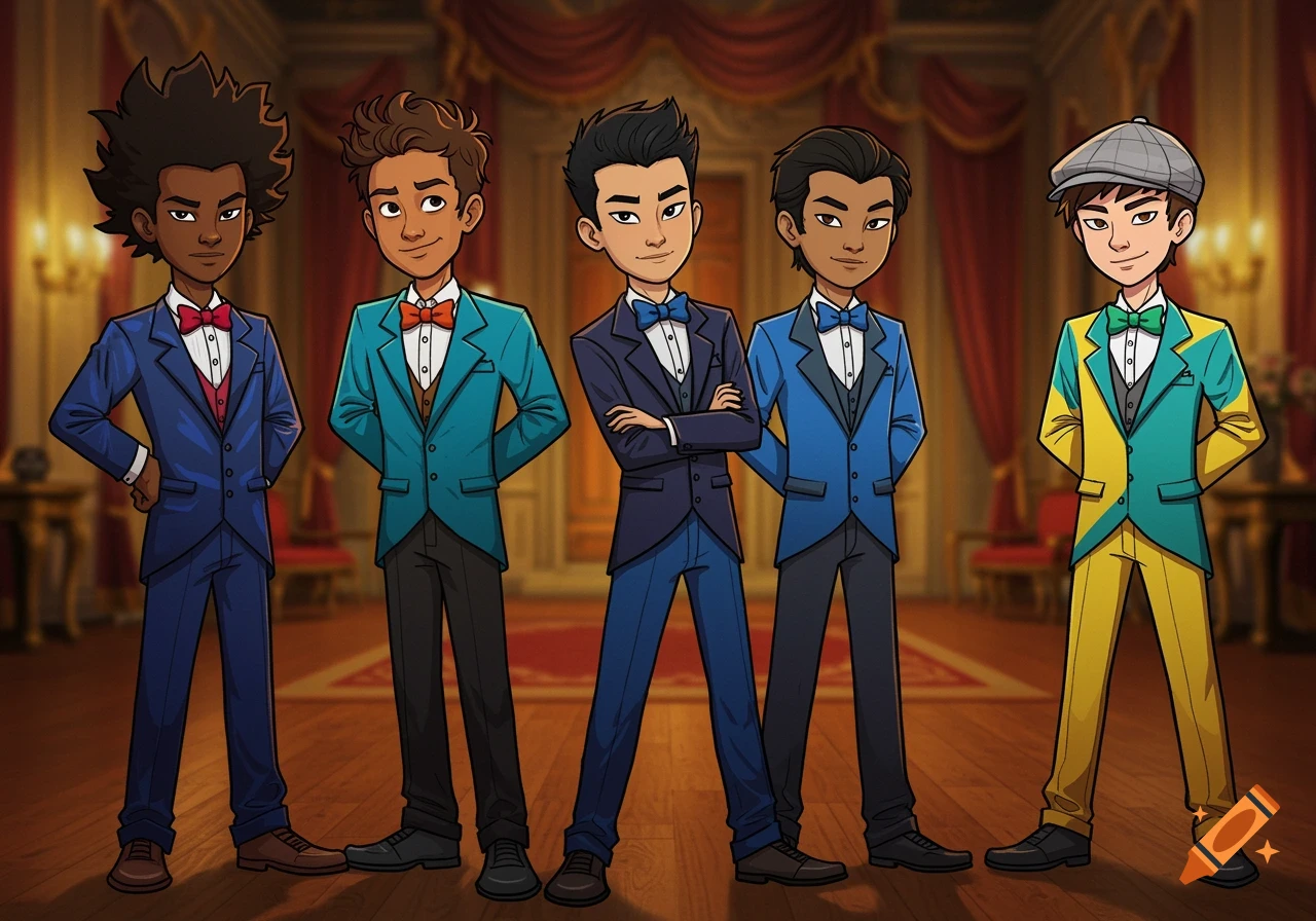 Five cartoon boys in colorful tuxedos stand together in an opulent ballroom.