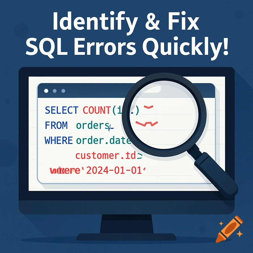 An illustration shows a computer monitor displaying SQL code with red error highlights. A magnifying glass is over the screen, and a text overlay reads "Identify & Fix SQL Errors Quickly!".