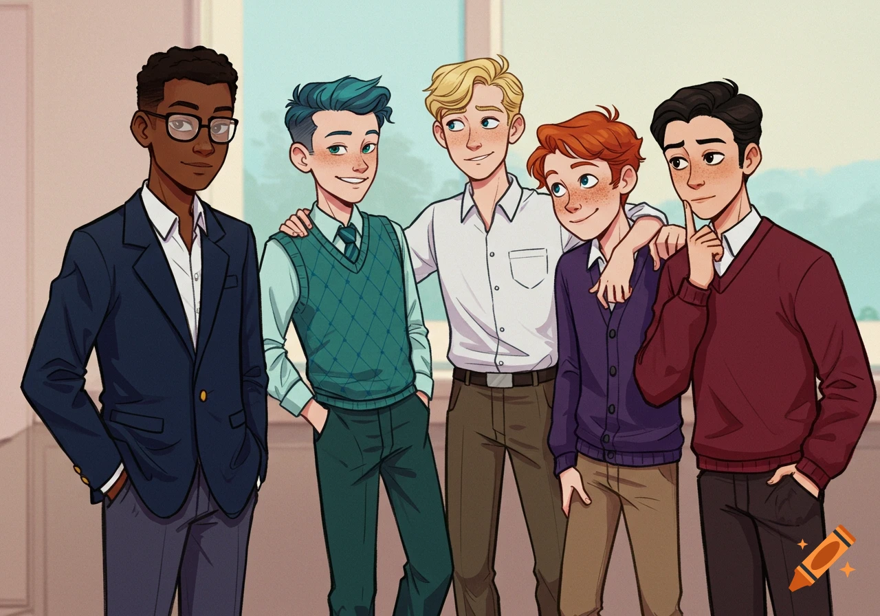 Cartoon illustration of five young men in preppy clothes standing together.
