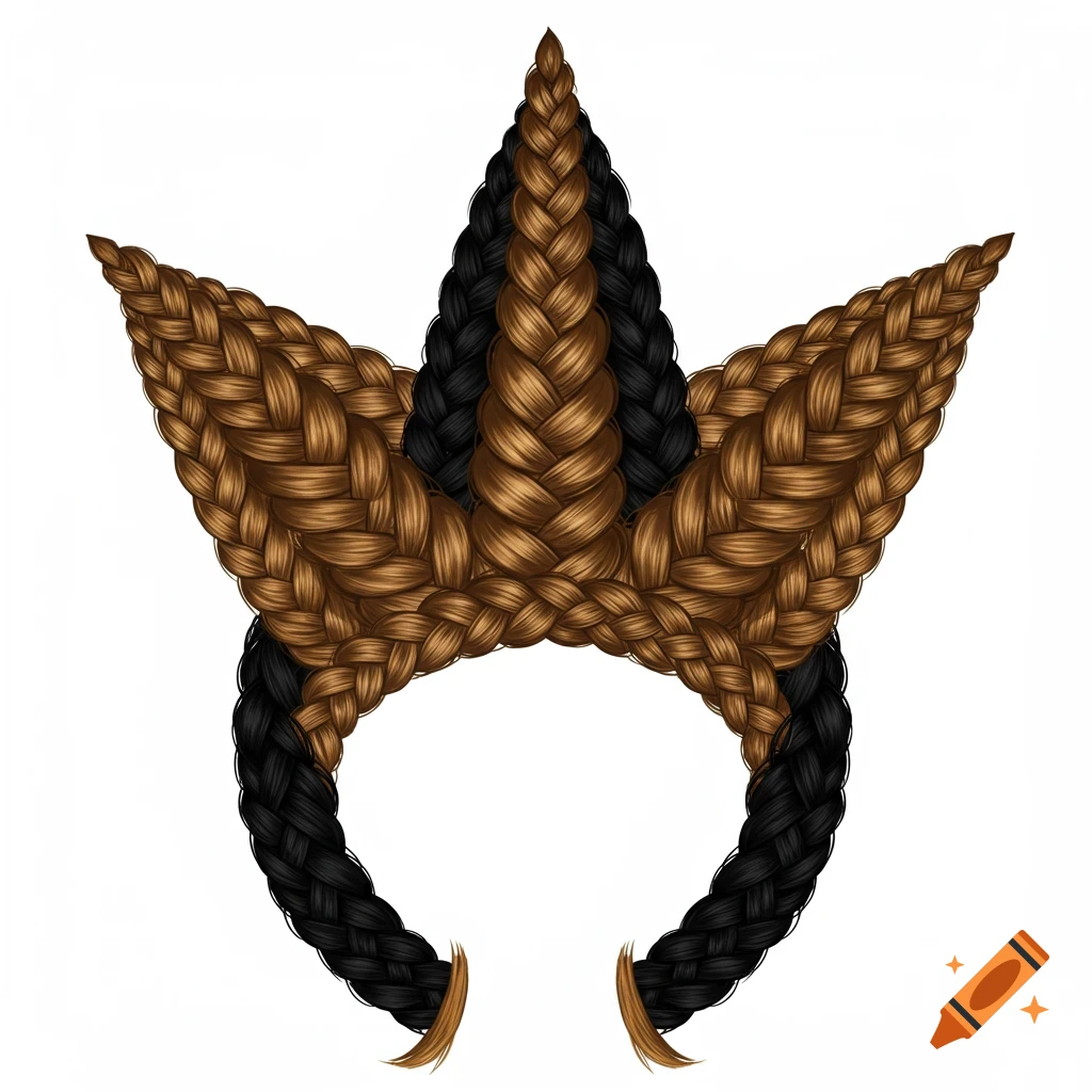 Digital illustration of a five-pointed crown made of braided black and brown hair.