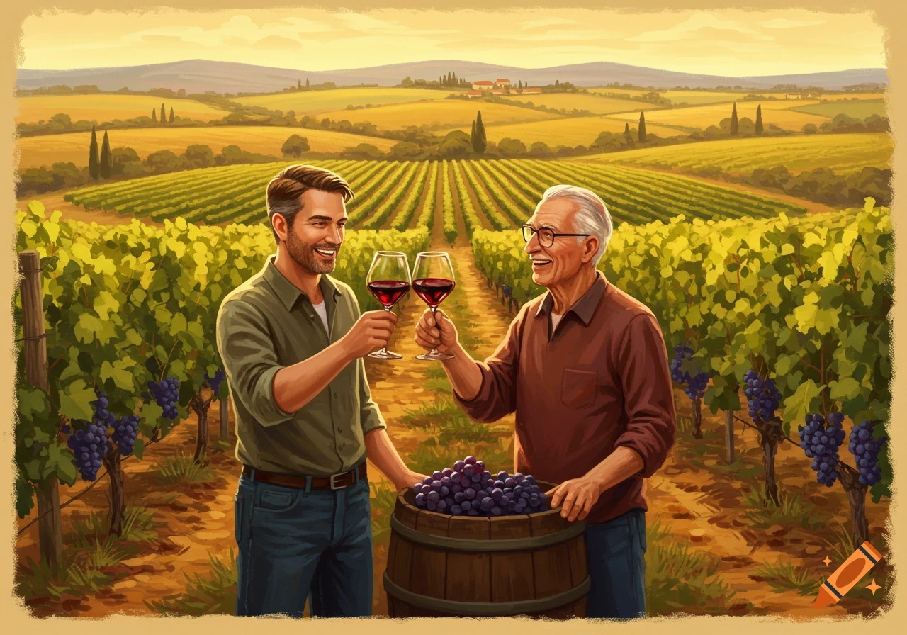 Two men toast wine in a sunny vineyard landscape painting.