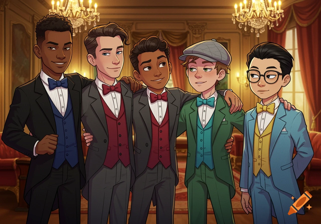 Five cartoon boys in tuxedos in a formal room with chandeliers.