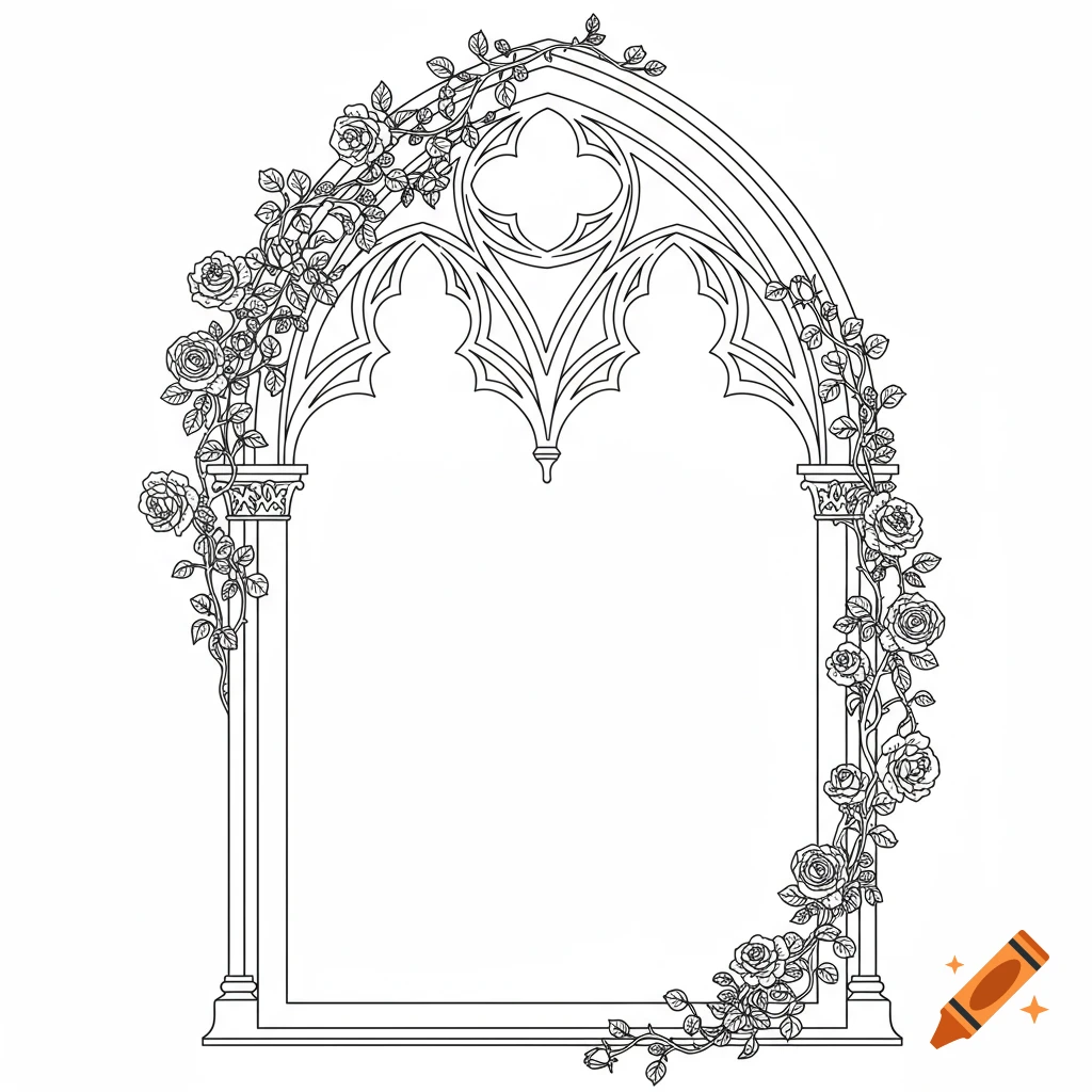 Black line art of a gothic window frame with roses.