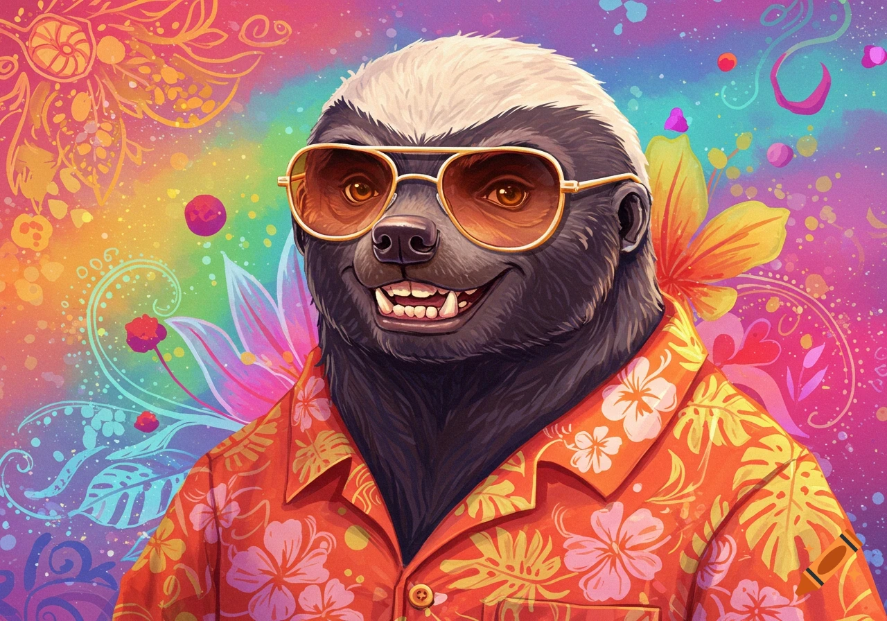 Illustration of a honey badger wearing sunglasses and a Hawaiian shirt against a colorful, psychedelic floral background.