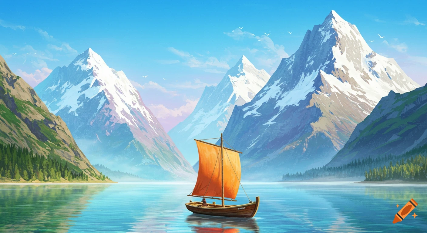 A painted landscape of a boat on a lake with tall, snow-capped mountains under a blue sky.
