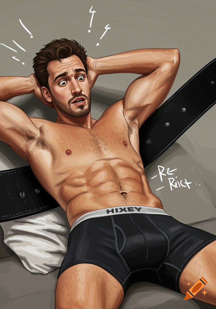 Illustration of a surprised man in black boxer briefs and a belt