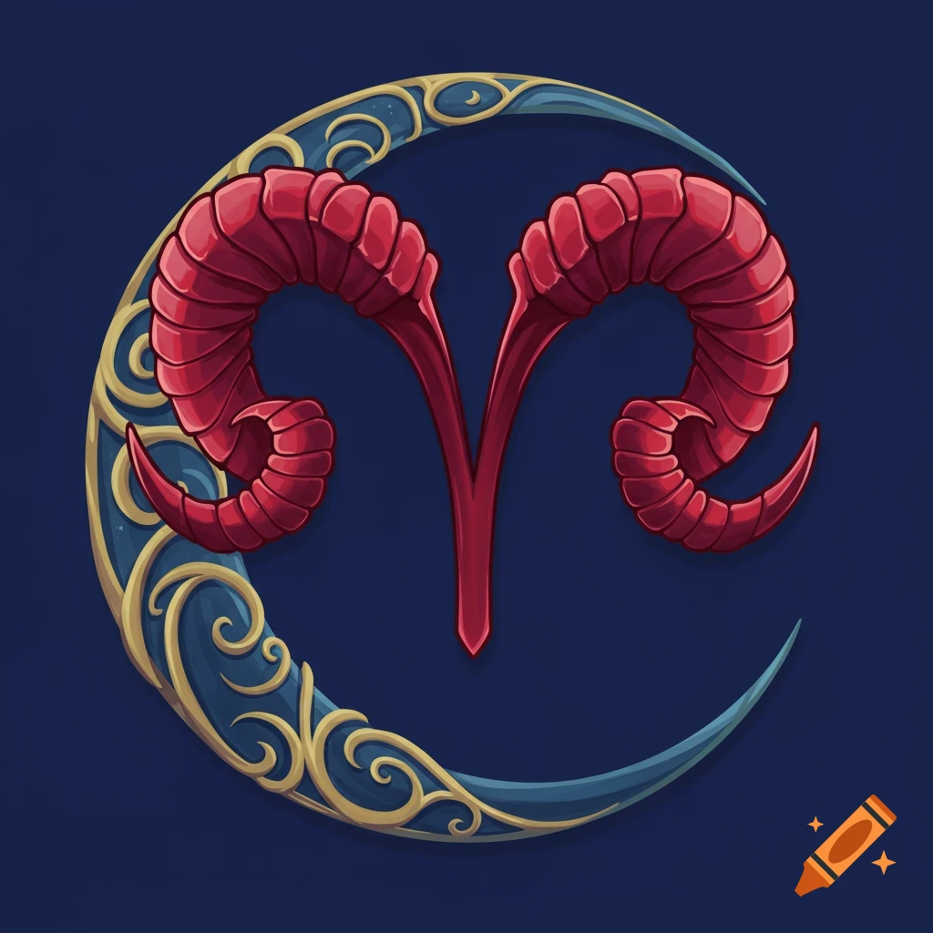 A stylized red Aries zodiac symbol within a blue crescent moon with gold swirls on a dark background.