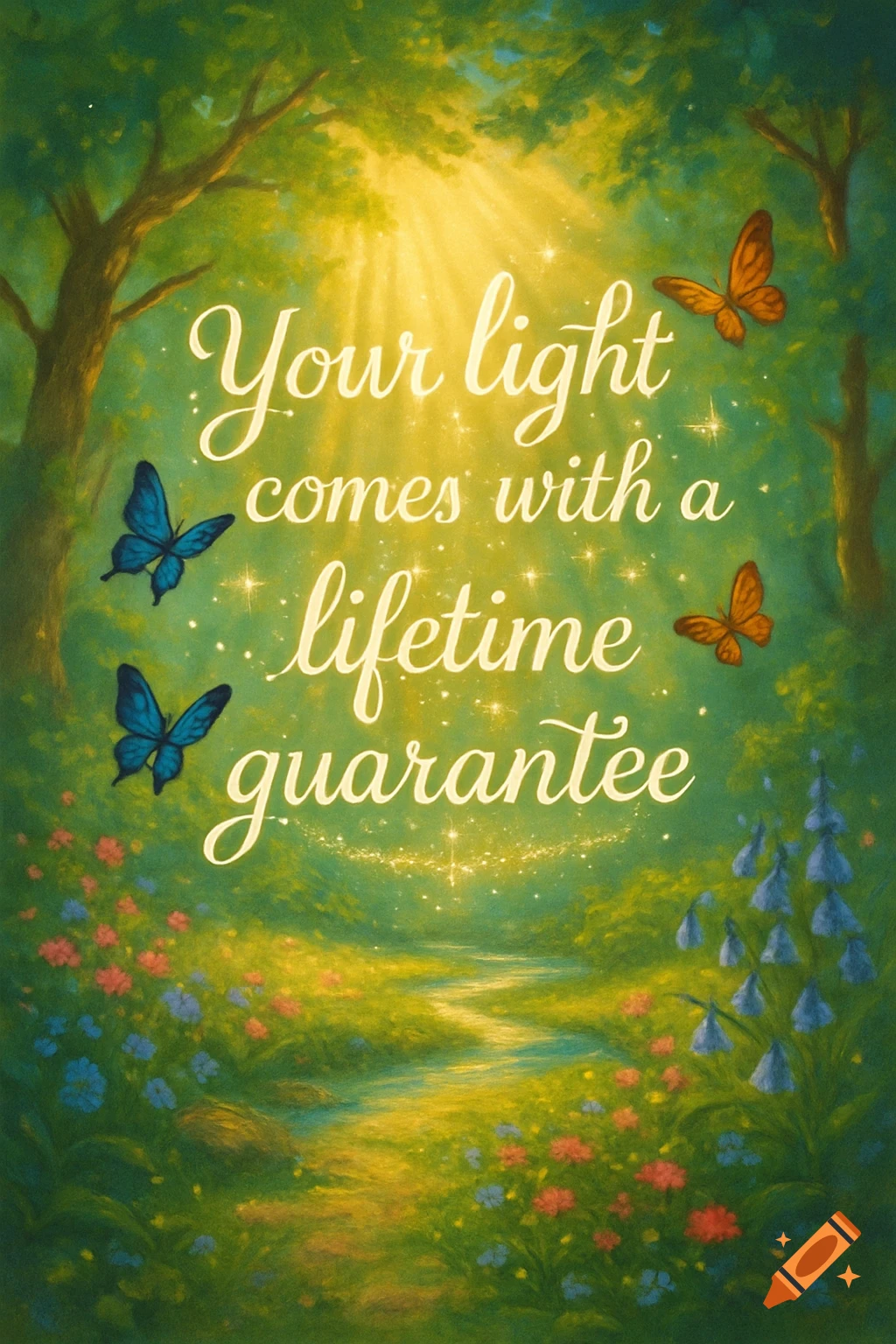 Painting of a glowing forest path with sunlight rays, flowers, butterflies, and text that reads "Your light comes with a lifetime guarantee".