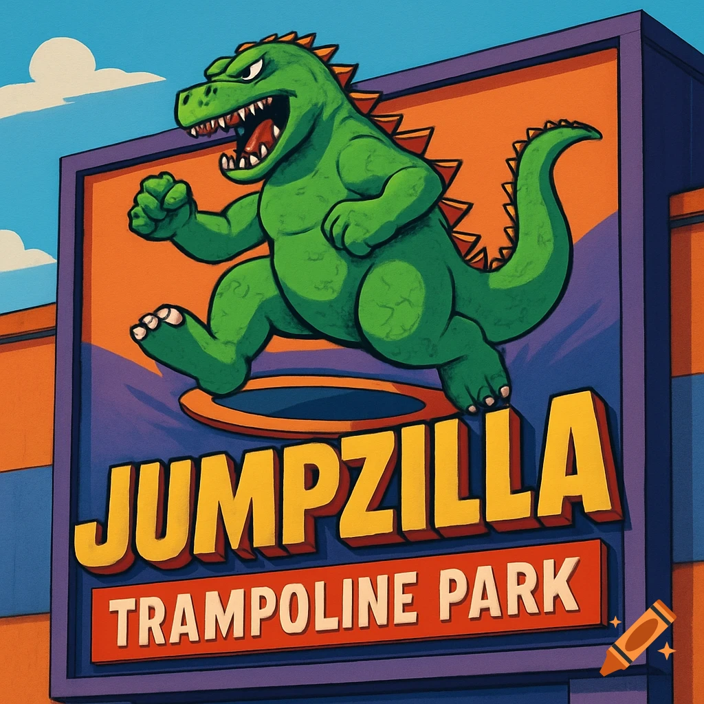 Cartoon green dinosaur on a sign for Jumpzilla Trampoline Park, illustration style.