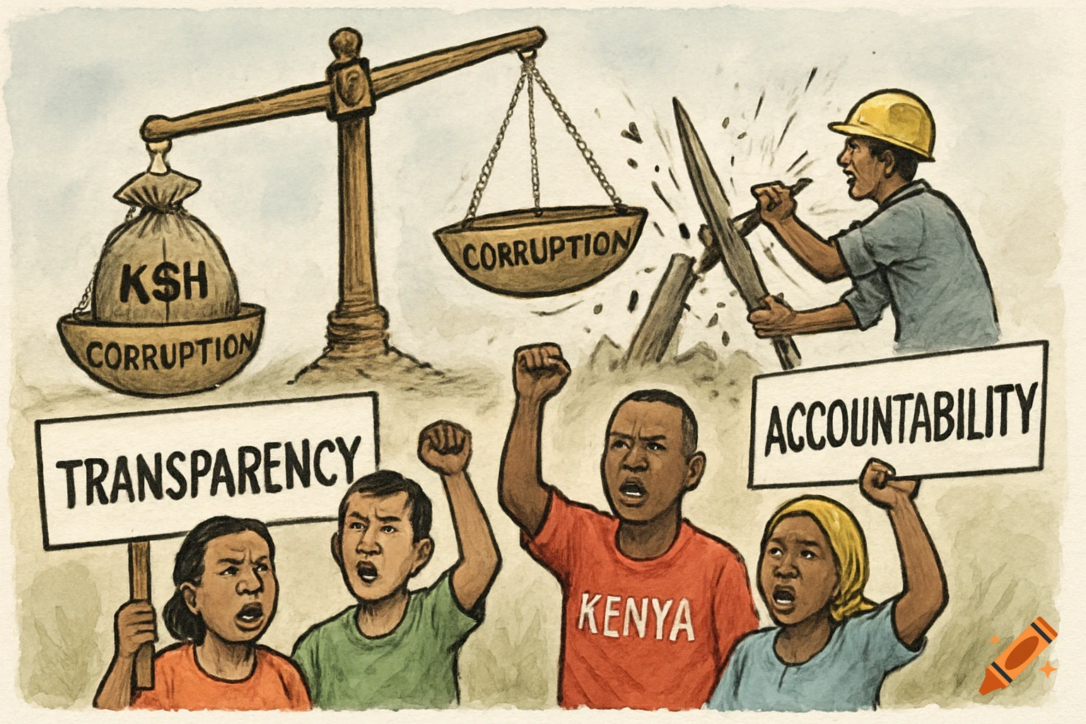 Political cartoon of protestors with 'Transparency' and 'Accountability' signs, a scale of 'Corruption' being dismantled.