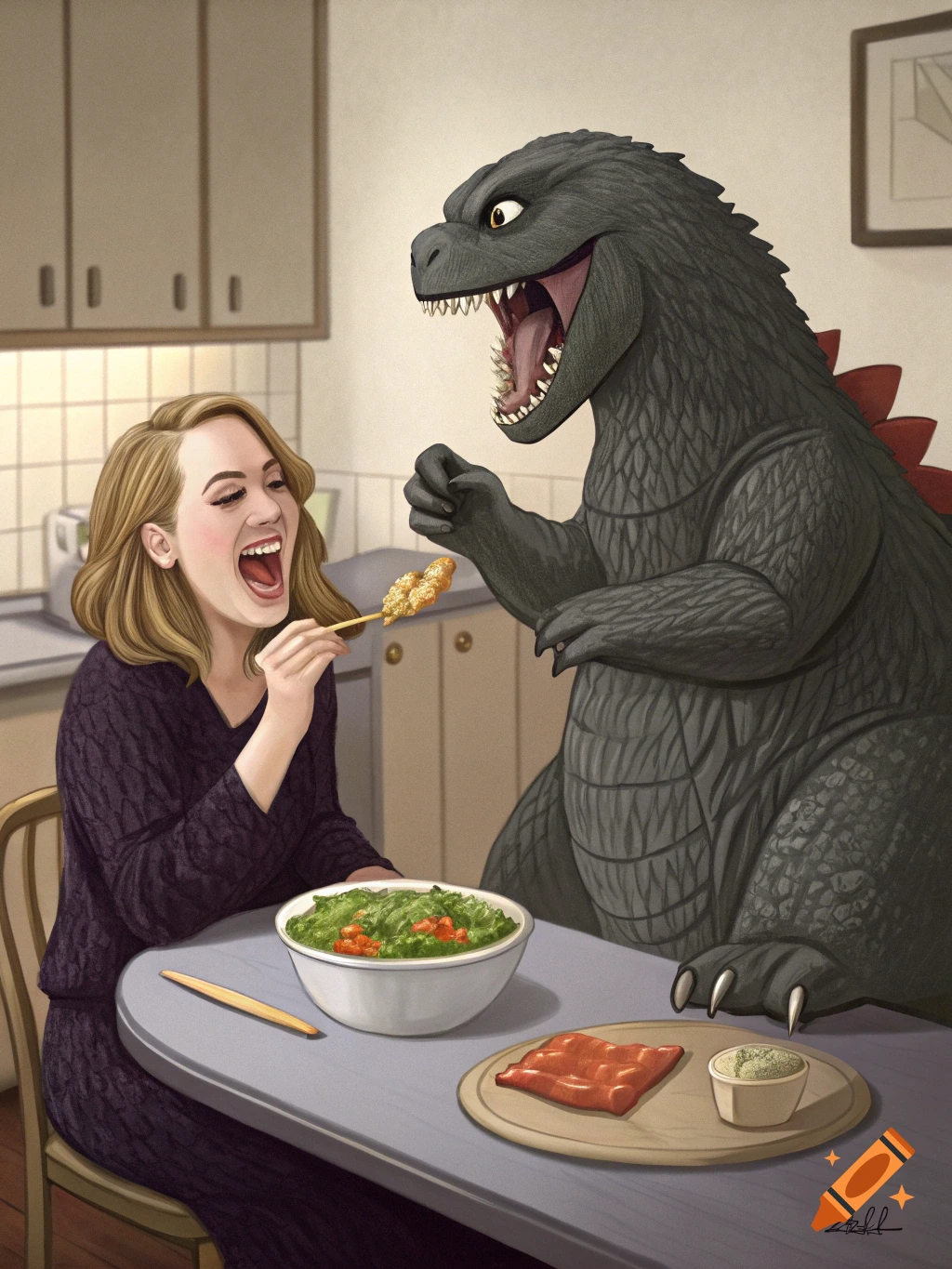 Illustration of a woman feeding a large Godzilla creature food on a stick at a kitchen table.