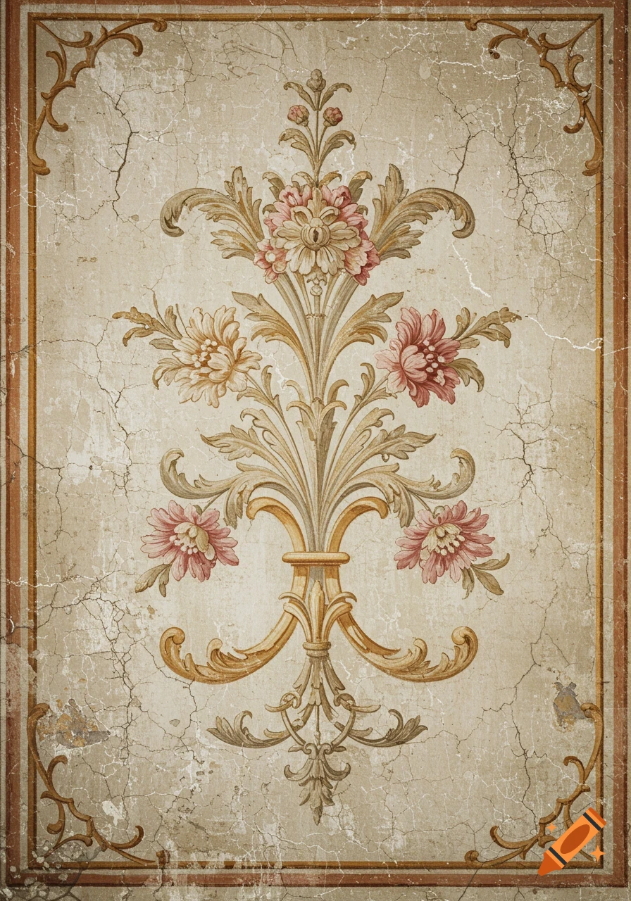 Antique style floral decoration with cracks and a decorative border.