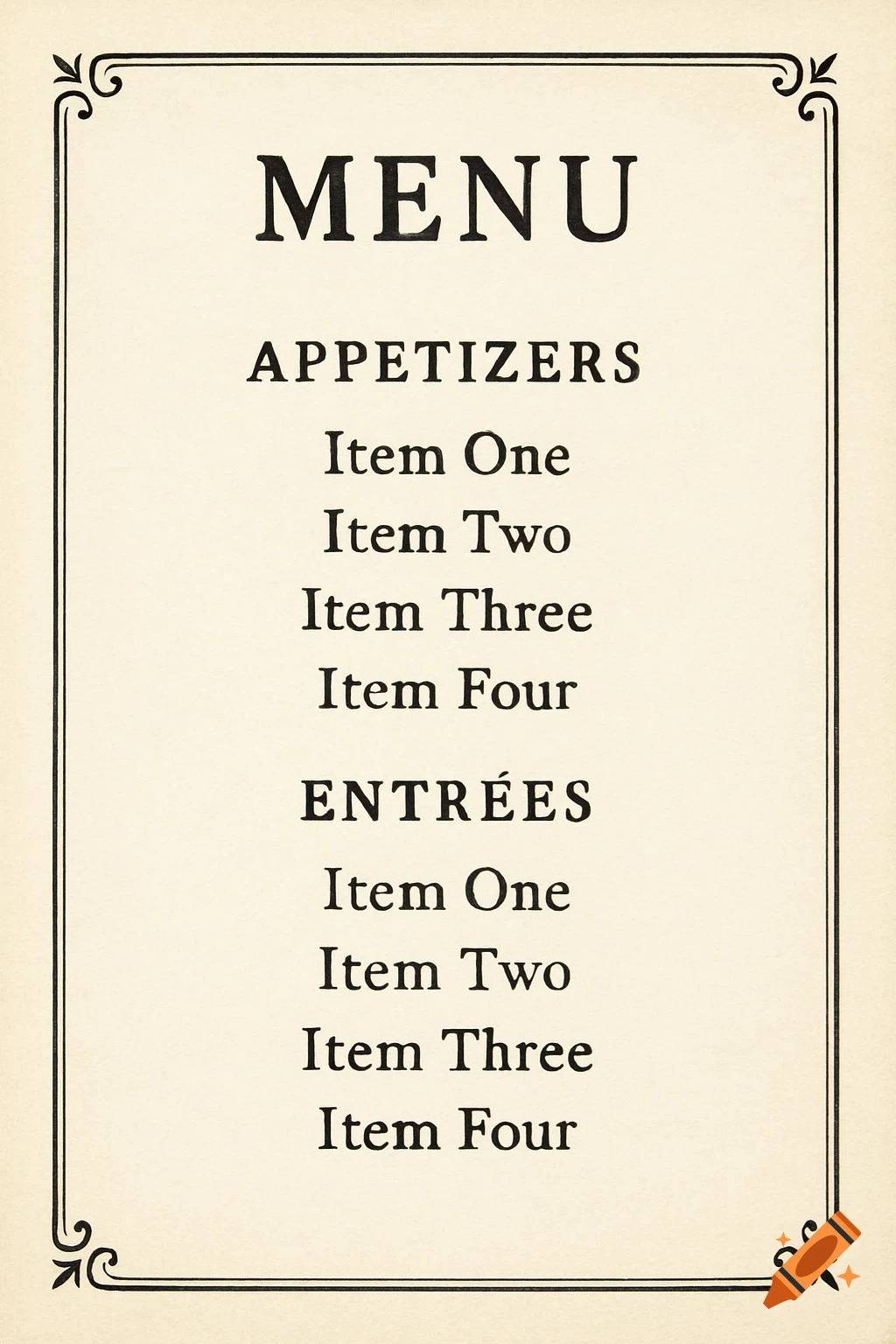 A simple menu card with a decorative border, listing sections for Appetizers and Entrees with generic item placeholders.