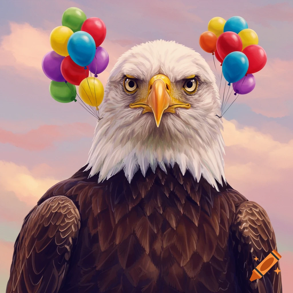 Digital painting of an eagle head with colorful balloons attached