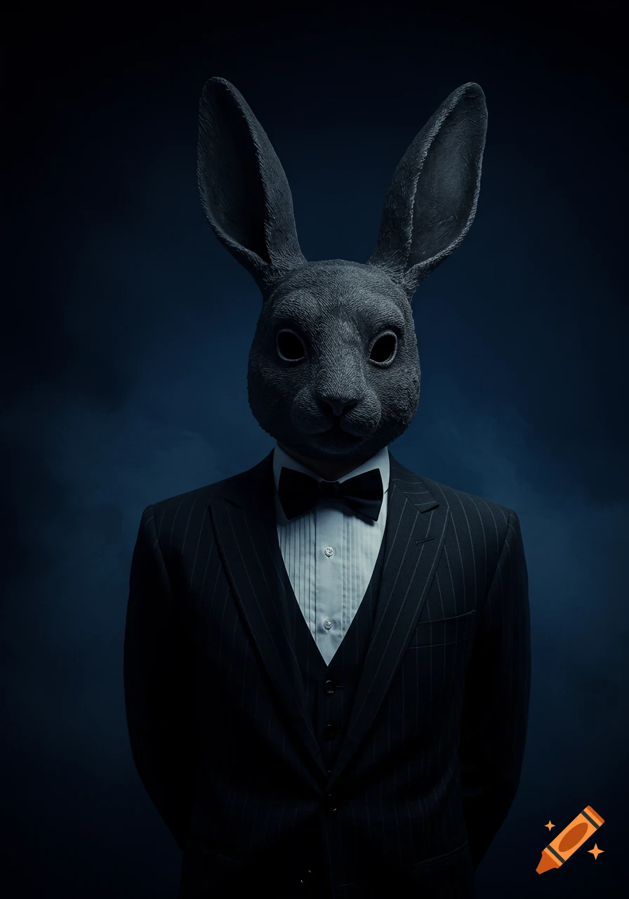 Person in black pinstripe tuxedo and dark rabbit mask