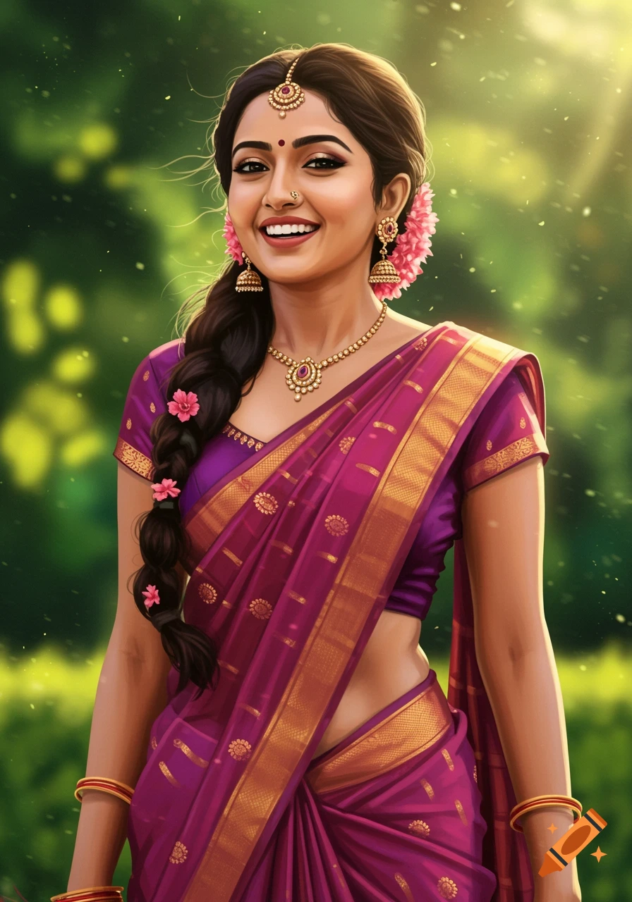 Smiling Indian woman in a purple saree with traditional jewelry, digital painting.