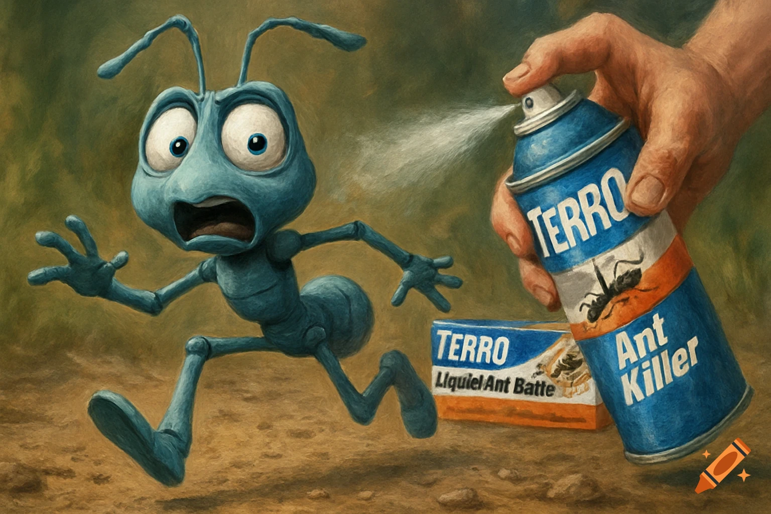 Blue cartoon ant running in fear from a hand spraying bug spray. Painted illustration style.