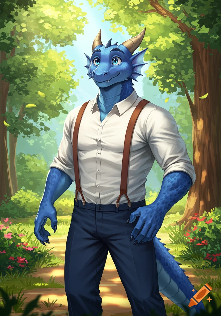 A blue anthropomorphic dragon in a white shirt, suspenders, and pants stands in a park.