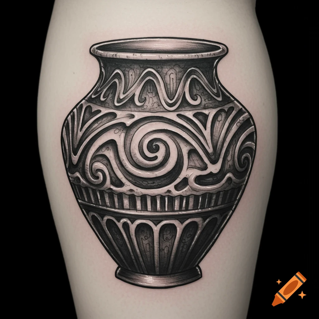 Black and white tattoo of a decorated vase on skin