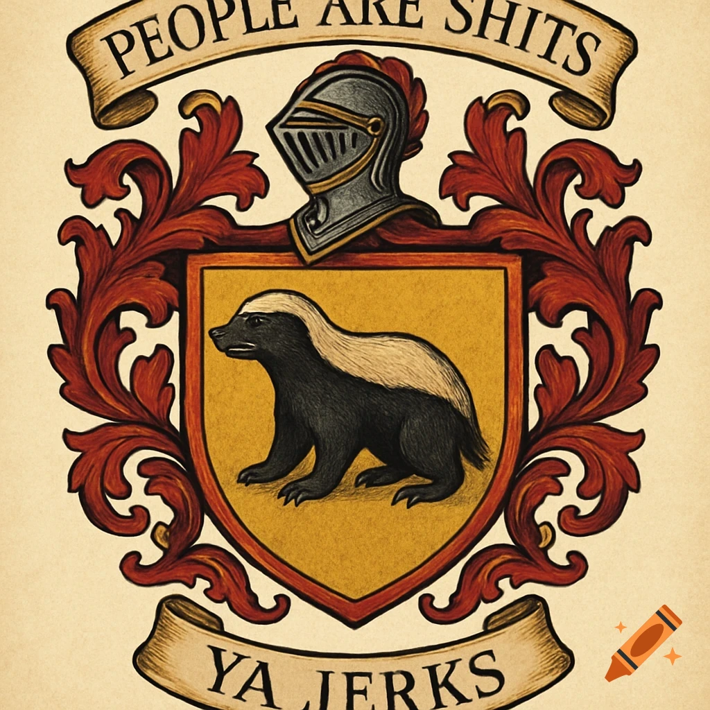 Coat of arms with honey badger, knight helmet, banners with 'People Are Shits Ya Jerks'.