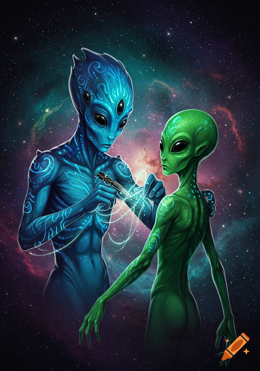 A blue alien tattoos a green alien in space with glowing patterns.