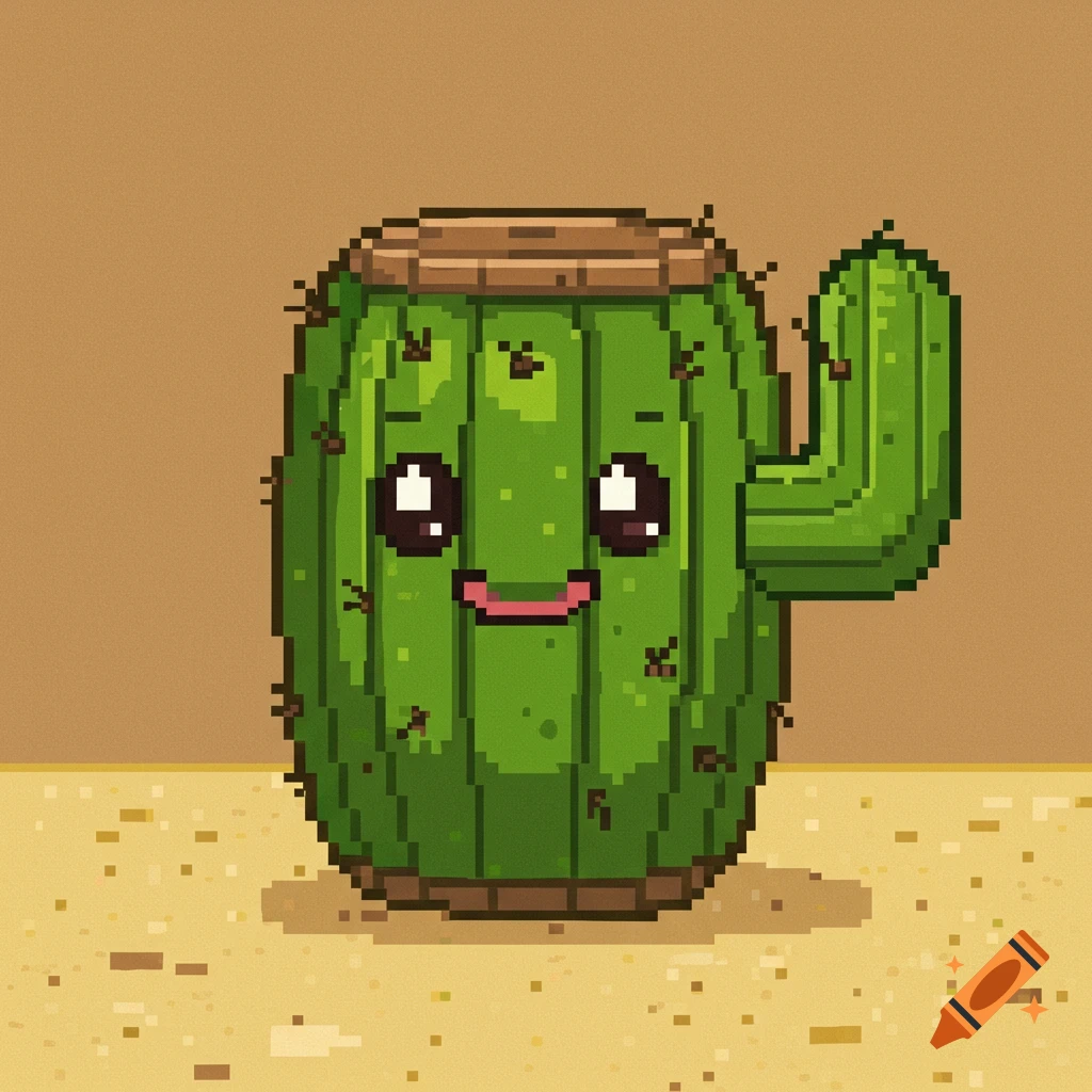 Pixel art drawing of a cute barrel cactus