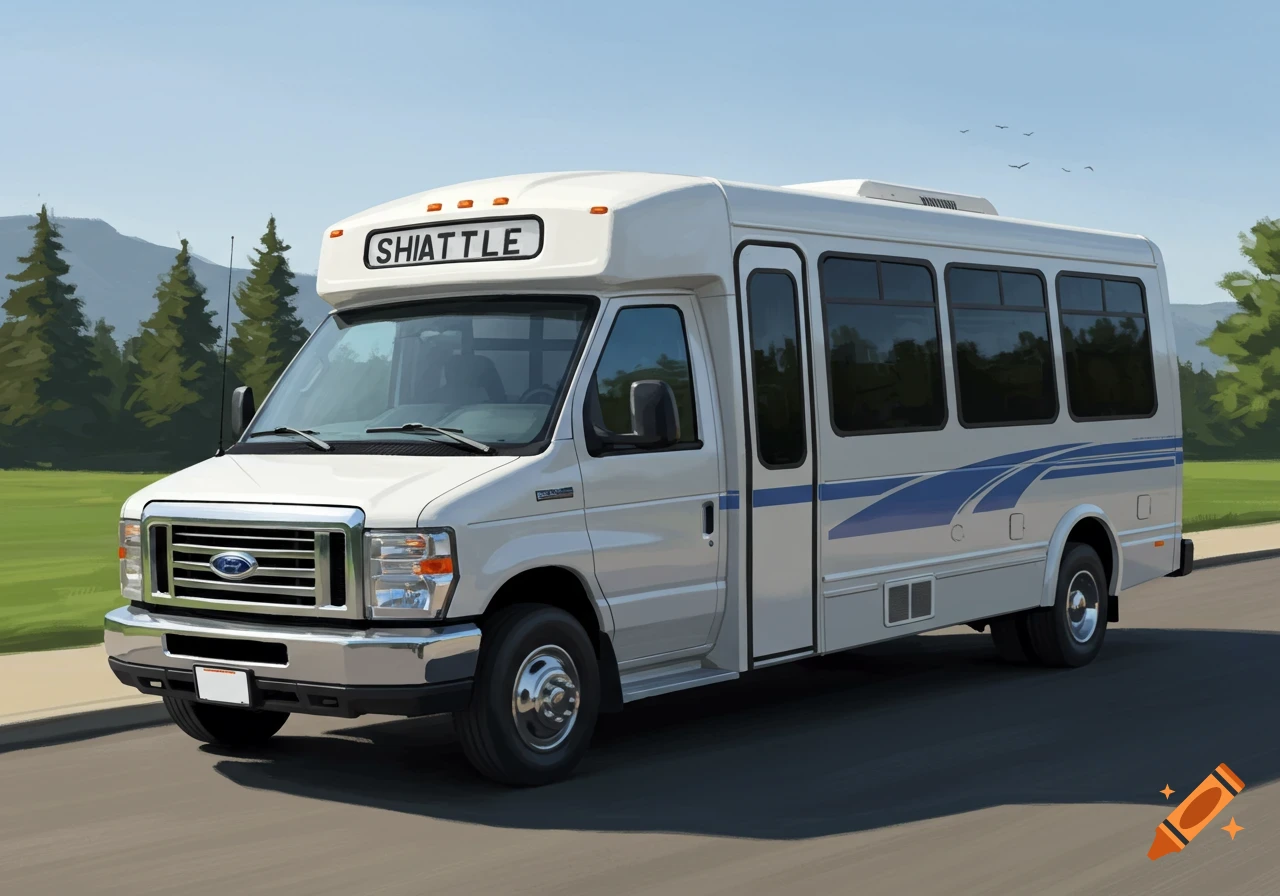 A white shuttle bus with blue stripes parked on a road.